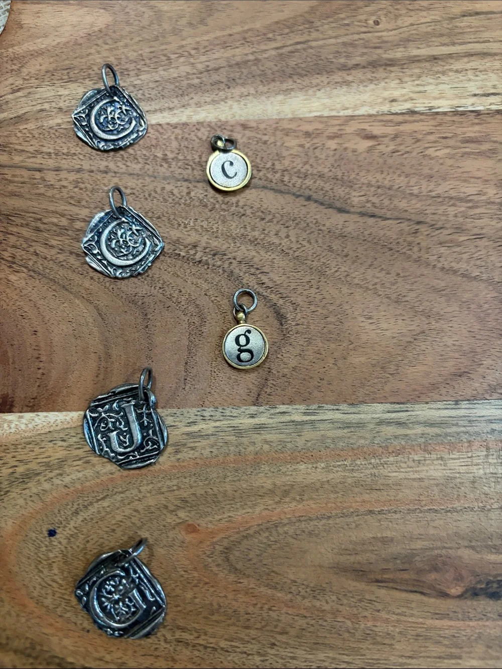 Waxing poetic charms-Mixed Metal Initial & Coin Charms - Gold and Silver - Picture 1 of 7